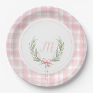 Pink Gingham Laurel Crest Paper Plates