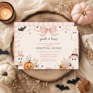 Pink Gingham Little Boo Halloween Baby Shower Invitation