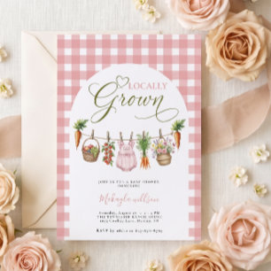 Pink Gingham Locally Grown Farmers Baby Shower Invitation