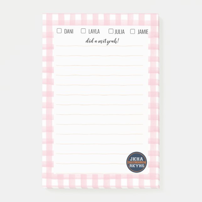 Pink Gingham Mitzvah Note (Front)