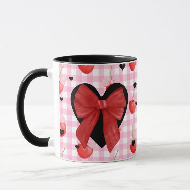 Pink Gingham Mug Black Hearts & Red Bow Cute Gift (Left)