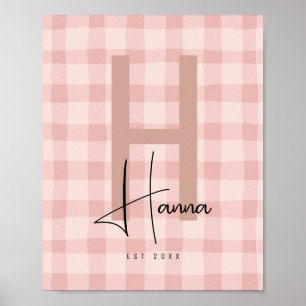 Pink Gingham Nursery Name Initial Poster