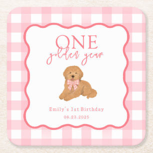 Pink Gingham One Golden Year Girls First Birthday Square Paper Coaster