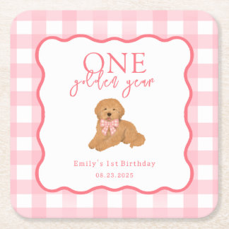 Pink Gingham One Golden Year Girls First Birthday Square Paper Coaster