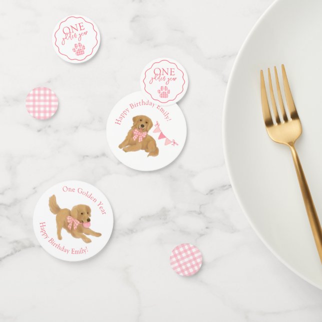 Pink Gingham One Golden Year Puppy Birthday Table Confetti (Group)