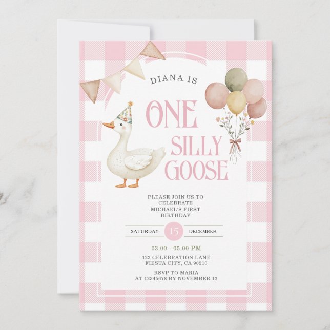 PINK Gingham One Silly Goose Birthday Balloon  Invitation (Front)