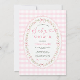 Pink Gingham Oval Baby Shower Invitation