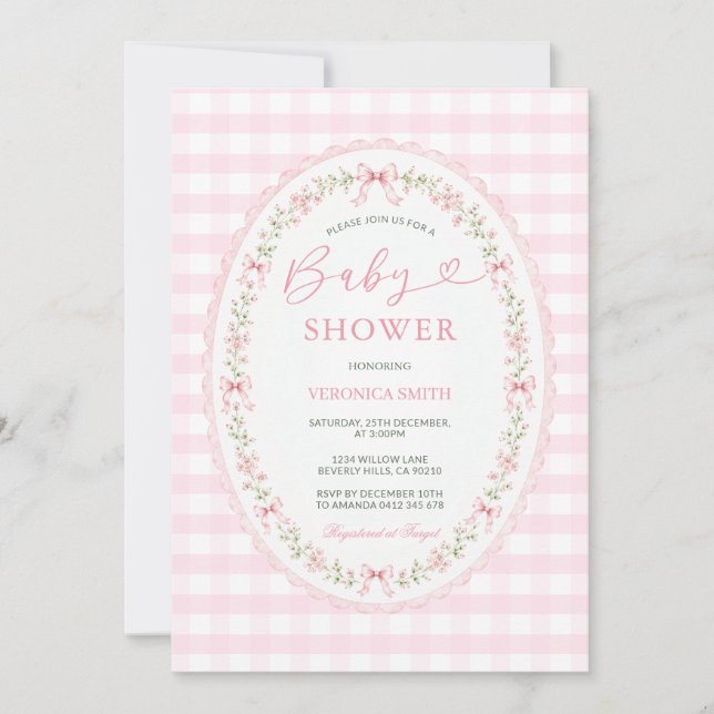Pink Gingham Oval Baby Shower Invitation (Front)