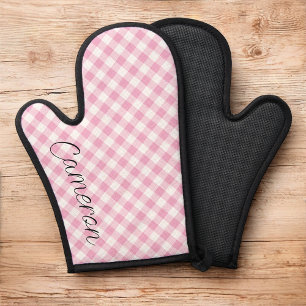 Pink Gingham Oven Mitt with Name Personalized
