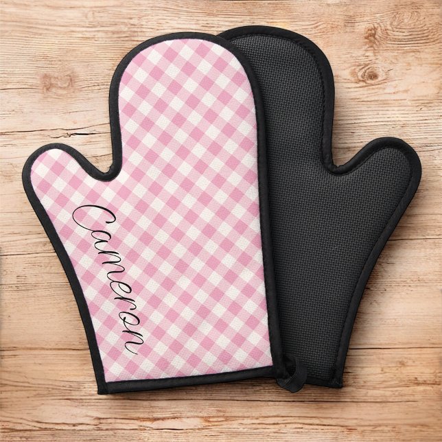 Pink Gingham Oven Mitt with Name Personalized (MISOOK Pink Gingham Oven Mitt with Name)