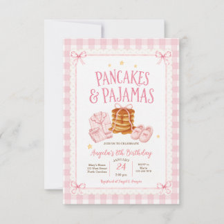 Pink Gingham Pancakes and Pyjamas Birthday Invitation