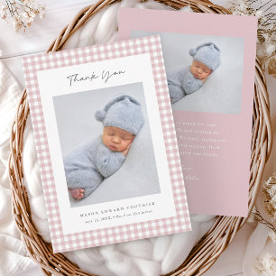 Pink Gingham Pattern Girls Baby Thank You Card