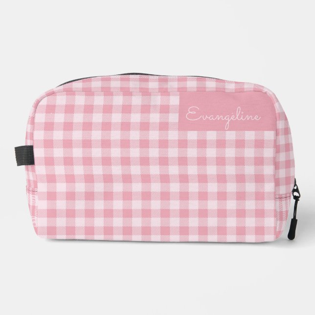 Pink Gingham Pattern Girly Checkered Plaid Name Dopp Kit (Front)
