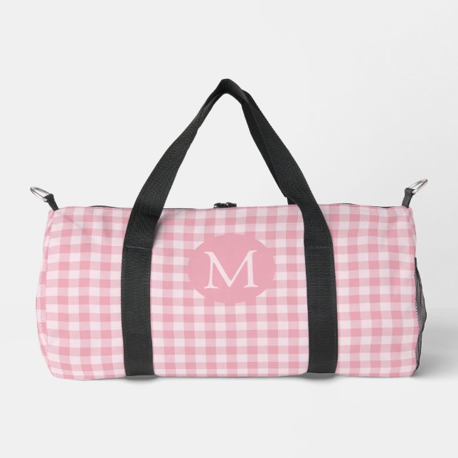 Pink Gingham Pattern Girly Chequered Plaid Monogra Duffle Bag (Front)