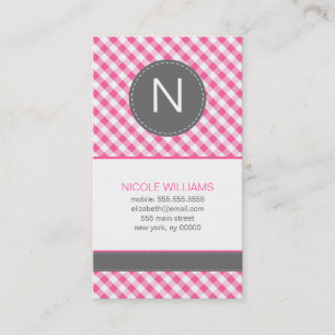 Pink Gingham Pattern Monogram Social Calling Cards