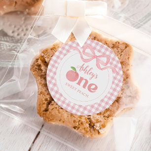 Pink Gingham Peach First Birthday Classic Round Sticker