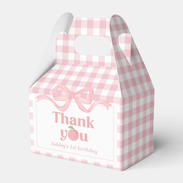 Pink Gingham Peach First Birthday Favor Box (Front Side)