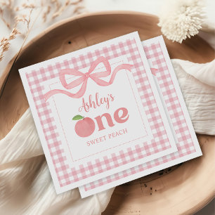 Pink Gingham Peach First Birthday Napkin
