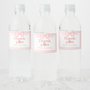 Pink Gingham Peach First Birthday Water Bottle Label