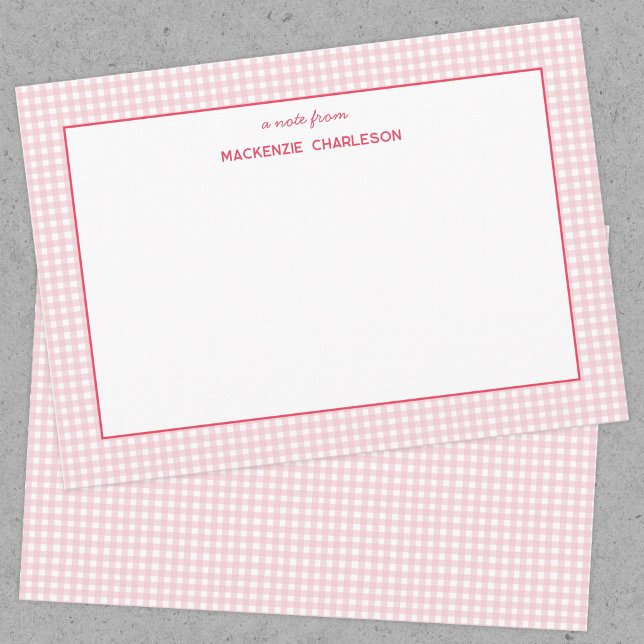 Pink Gingham Personalized Card (Pink gingham personalized custom name notecard)
