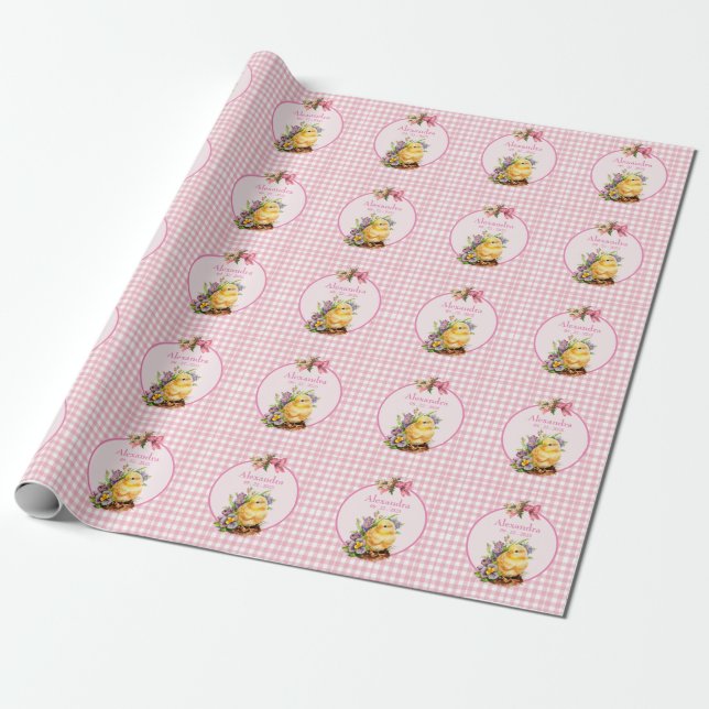 Pink Gingham Personalized Girls Birthday Wrapping Paper (Unrolled)