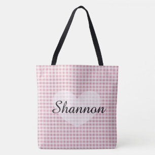Pink Gingham Personalized Name Tote Bag