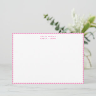 Pink Gingham Personalized Nursery Name Stationery Thank You Card