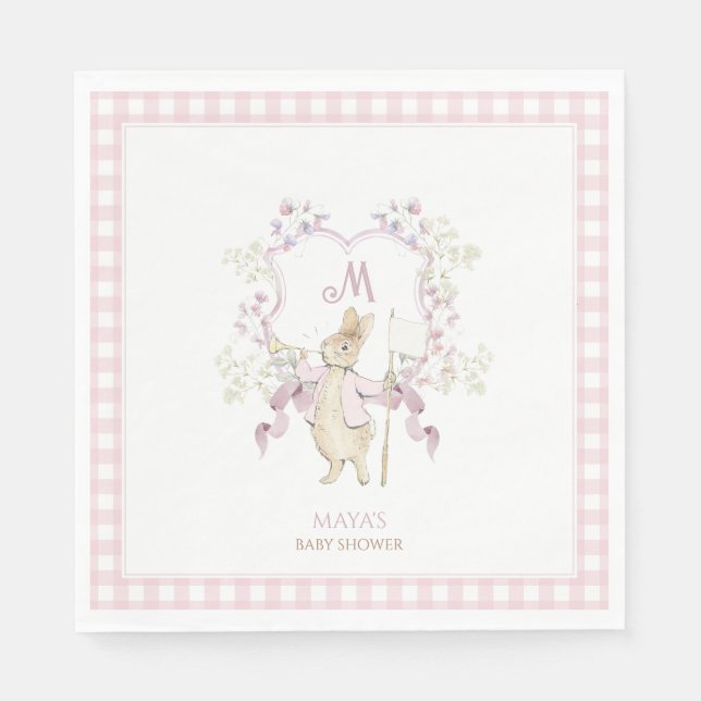 Pink Gingham Peter the Rabbit Monogram Baby Shower Napkin (Front)
