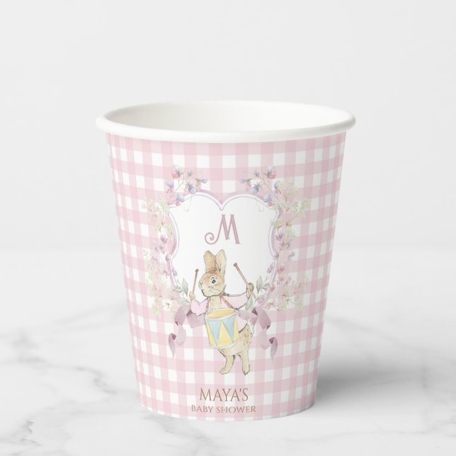 Pink Gingham Peter the Rabbit Monogram Baby Shower Paper Cups (Front)