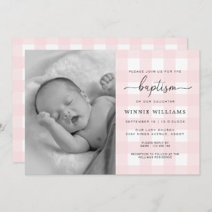 Pink Gingham Photo Baptism Invitation