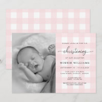 Pink Gingham Photo Christening Invitation