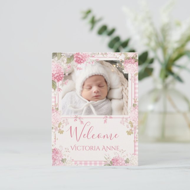 Pink Gingham Photo Vintage Hydrangeas Birth Announcement Postcard (Standing Front)