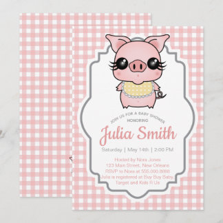 Pink Gingham Piggy Baby Shower Invitation