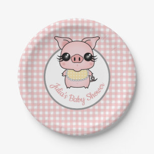 Pink Gingham Piggy Baby Shower Paper Plate