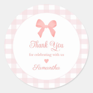 Pink Gingham Pink Bow Birthday Classic Round Sticker