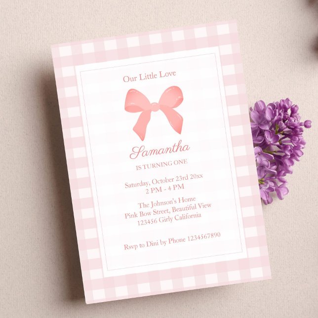 Pink Gingham Pink Bow Birthday Invitation (Creator Uploaded)