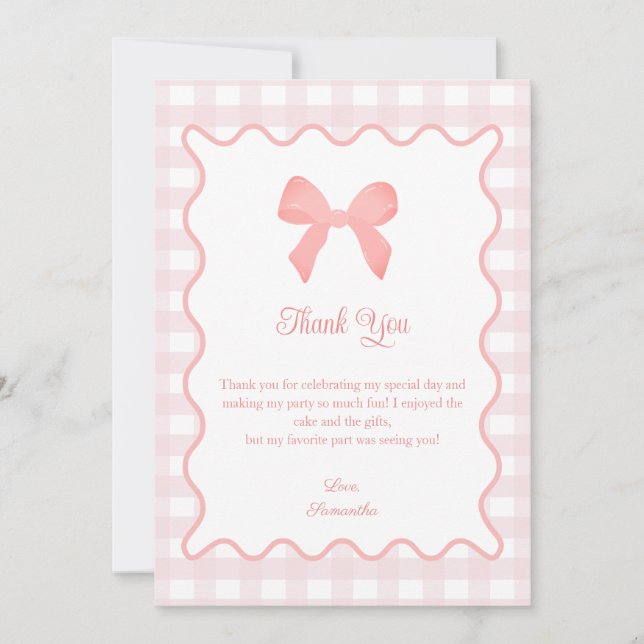 Pink Gingham Pink Bow Birthday Thank You Card (Front)