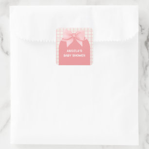Pink Gingham Plaid Arch Bow Baby Shower Square Sticker
