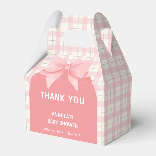 Pink Gingham Plaid Arch Bow Baby Shower Thank You Favor Box (Front Side)
