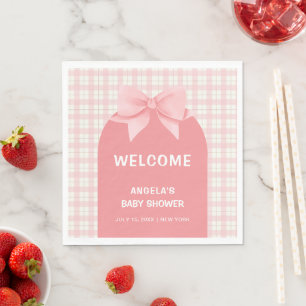 Pink Gingham Plaid Arch Bow Baby Shower Welcome Napkin