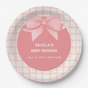 Pink Gingham Plaid Bow Baby Shower Paper Plate