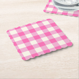 Pink Gingham Plaid Cottagecore Paper Coaster