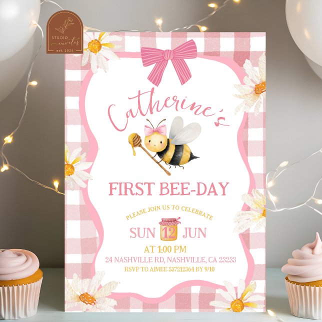 Pink Gingham Plaid Daisy Bee Birthday Invitation (Creator Uploaded)