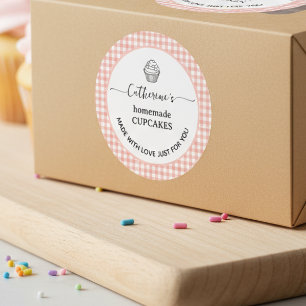 Pink gingham plaid Homemade cupcake Label