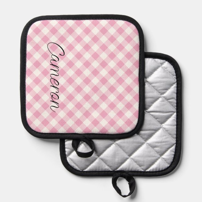 Pink Gingham Pot Holder with Name Personalized (Front/Back)