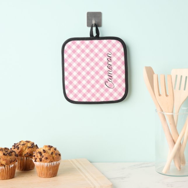 Pink Gingham Pot Holder with Name Personalized (Insitu(Hanging))