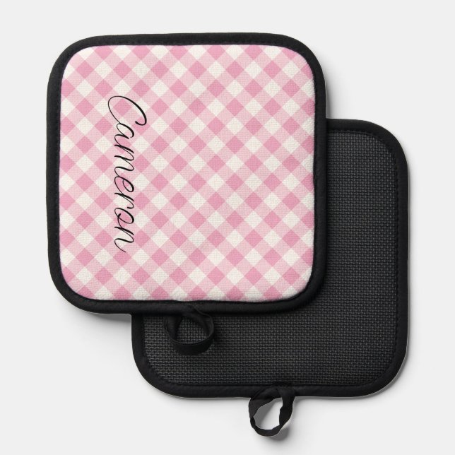 Pink Gingham Pot Holder with Name Personalized (Front/Back)