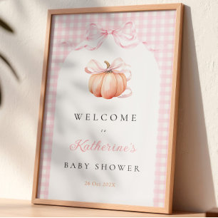Pink Gingham Pumpkin Baby Shower Welcome Sign