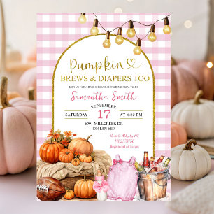 Pink Gingham Pumpkin Brews & Diapers Baby Shower Invitation