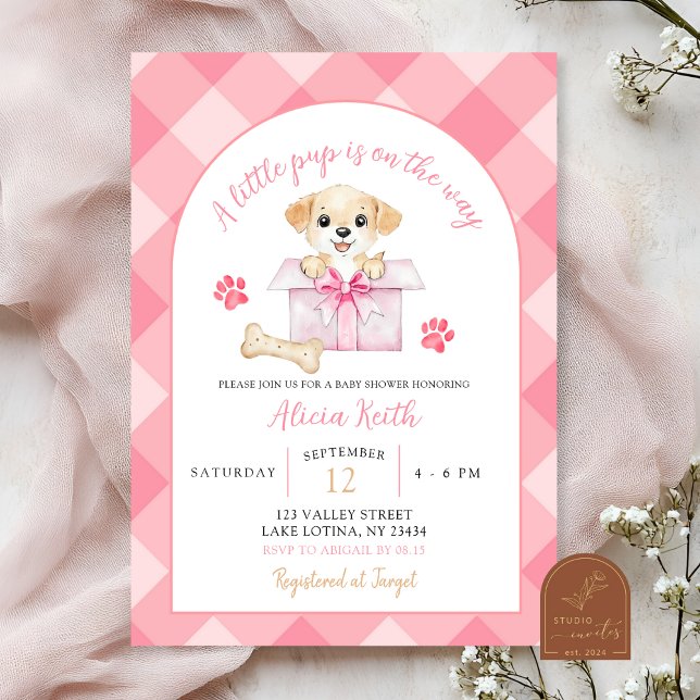 Pink Gingham Puppy Baby Shower Invitation (Creator Uploaded)